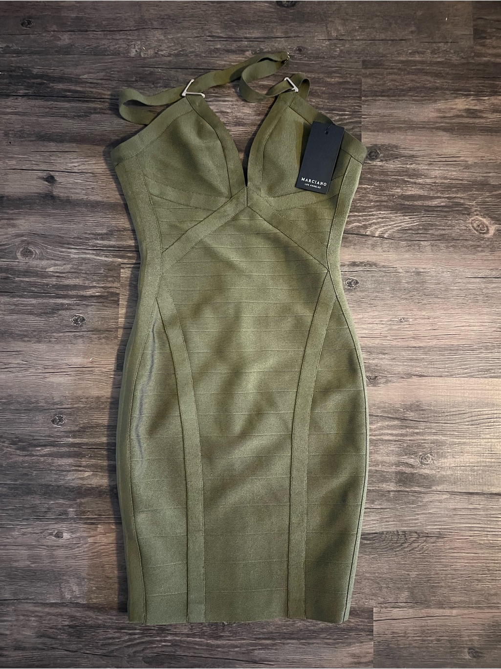 Marciano Olive Halter Bodycon Mini Dress